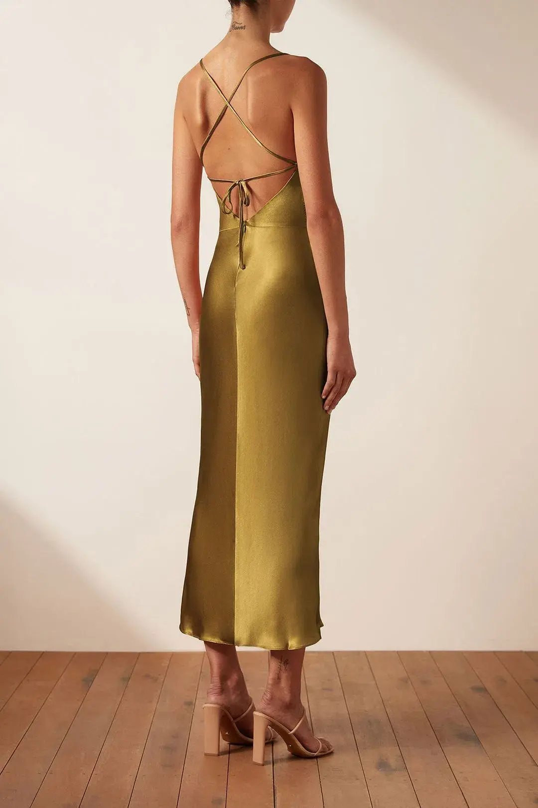 Shona Joy Giorgia Asymmetrical Midi Dress Olive Oil Size 8 - Image 3