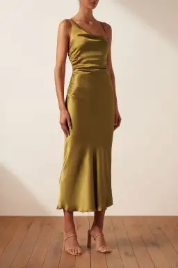 Shona Joy Giorgia Asymmetrical Midi Dress Olive Oil Size 8