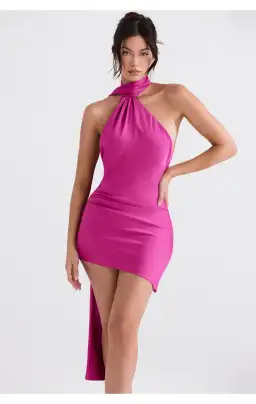 House of CB Aida Asymmetric Satin Wrap Neck Mini Dress Hot Pink Size S/Au 8 for rent on The Volte - image 2