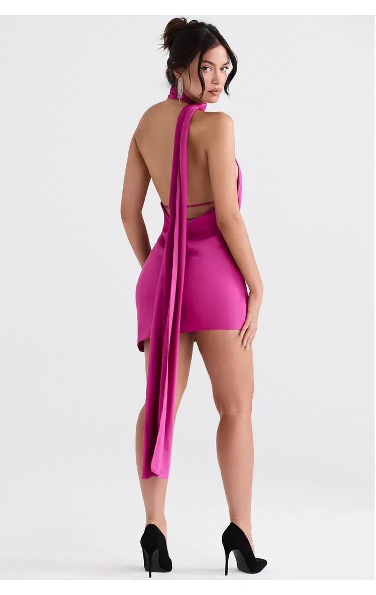 House of CB Aida Asymmetric Satin Wrap Neck Mini Dress Hot Pink Size S/Au 8 for rent on The Volte - main image