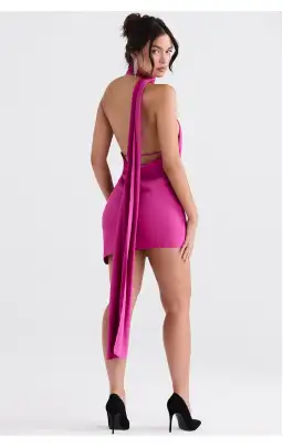 House of CB Aida Asymmetric Satin Wrap Neck Mini Dress Hot Pink Size S/Au 8 for rent on The Volte - image 4