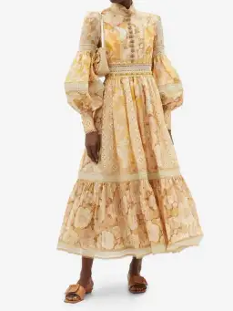 Zimmermann Tempo Spliced Trim Gown Gold Mixed Print Size 1 / Au 10 for rent on The Volte - image 1