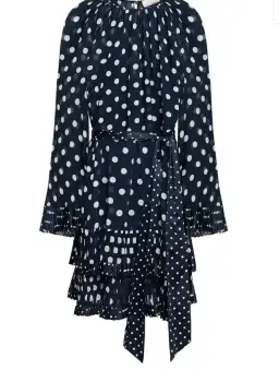 Zimmermann Tiered Belted Satin Dress Polka Blue Dot Size 2/ Au 12 for rent on The Volte - image 3