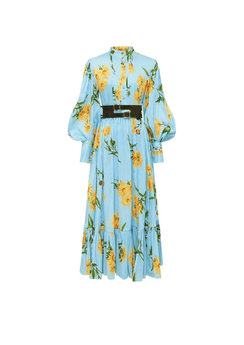 Leo Lin Marguerite Bleu Blue Silk Linen Floral Dress Size 10 for rent on The Volte - main image