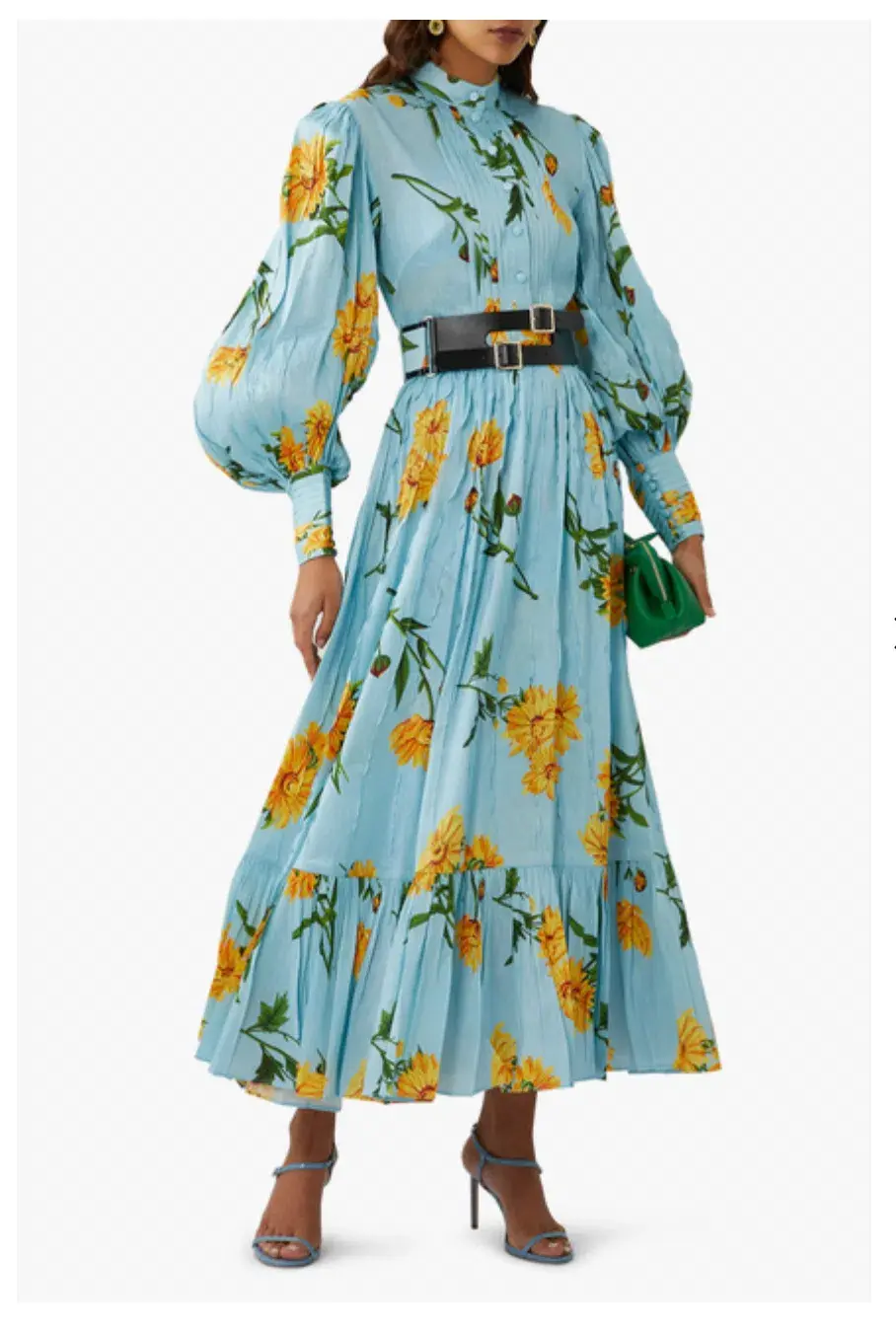 Leo Lin Marguerite Bleu Blue Silk Linen Floral Dress Size 10 for rent on The Volte - main image