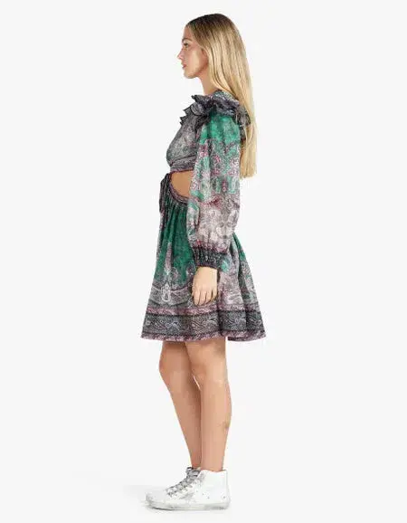 Zimmermann Anneke Ruffle Mini Dress Teal Paisley Size 0 / AU 8 for rent on The Volte - main image
