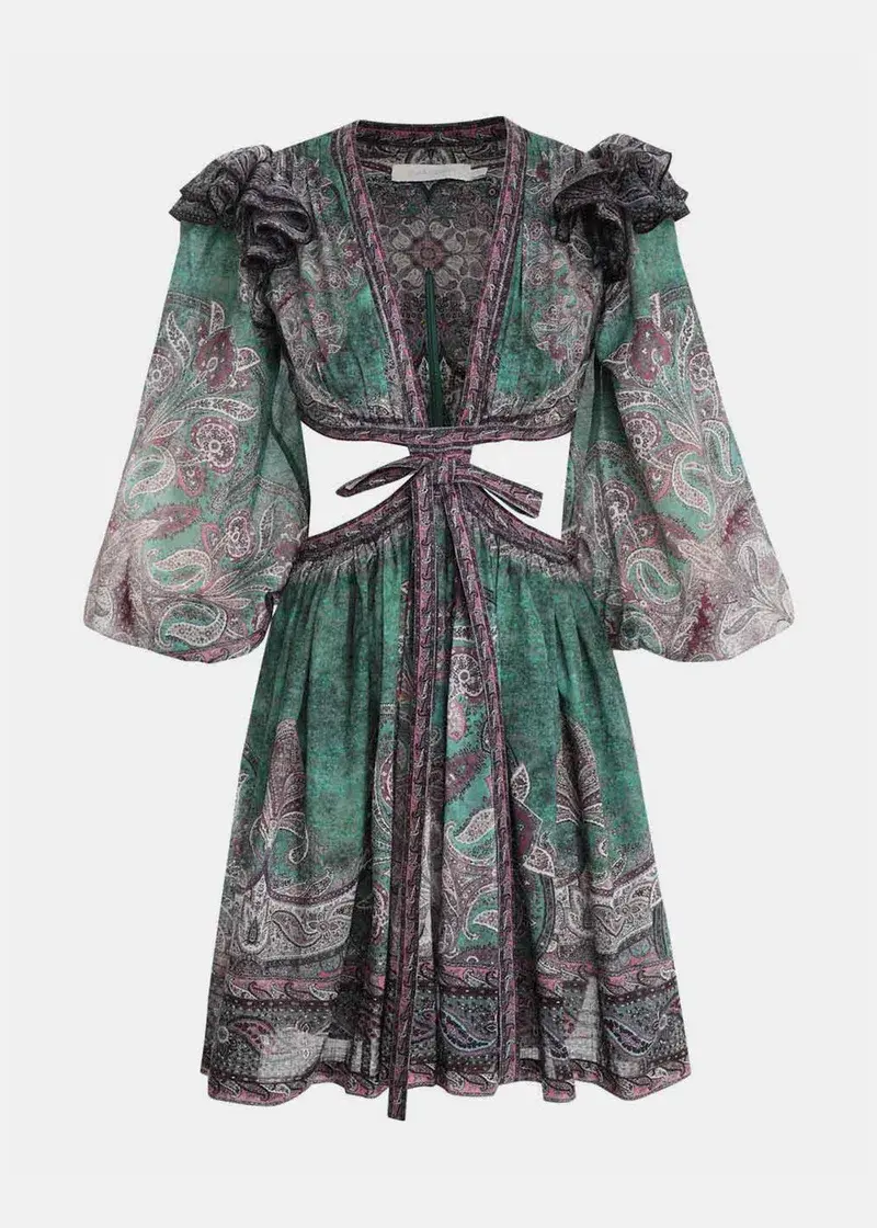 Zimmermann Anneke Ruffle Mini Dress Teal Paisley Size 0 / AU 8 for rent on The Volte - main image