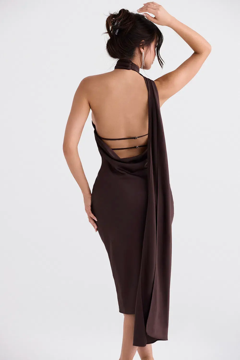 House of CB Angelina Wrap Neck Midi Dress Chocolate Size XS / AU 6 for rent on The Volte - main image