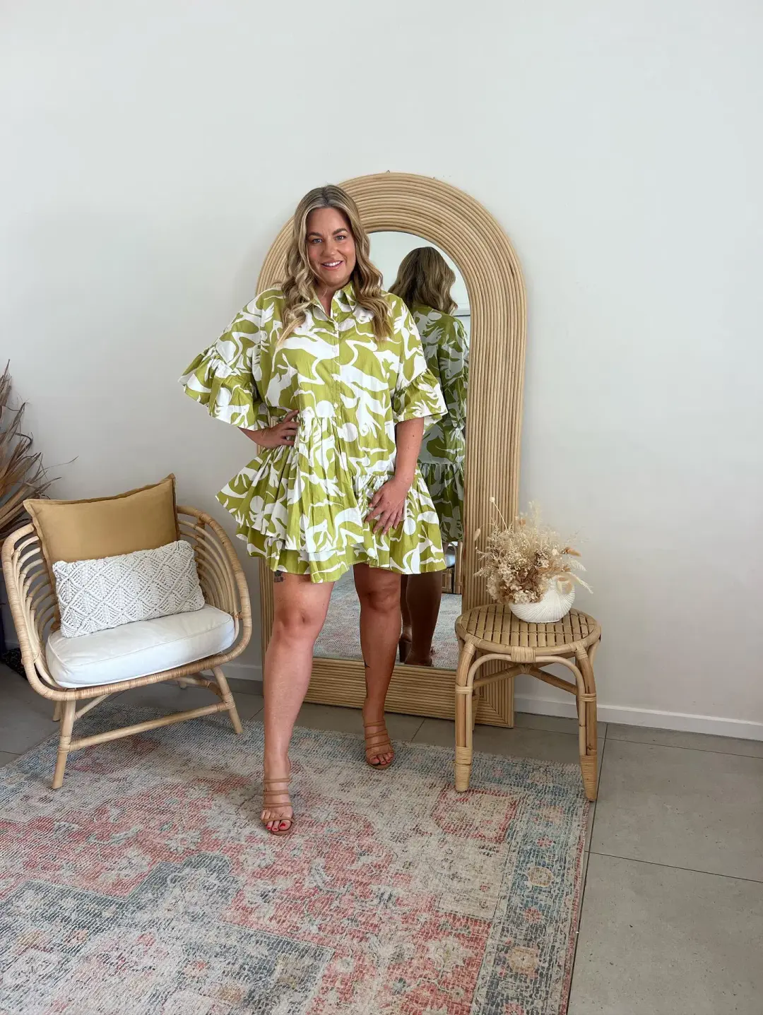 Bohemian Traders Genoa Mini Dress Green Palm Print Size 18 for rent on The Volte - main image