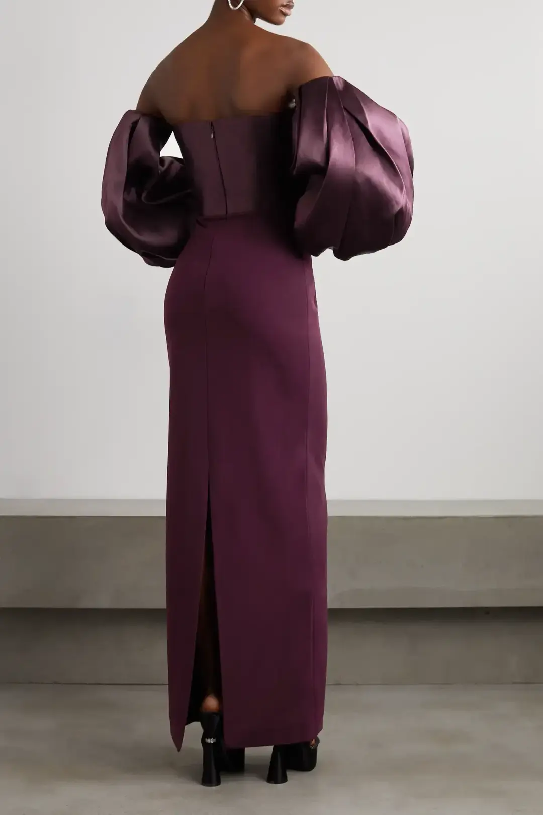 Solace London Carmen Off-the-shoulder Gathered Satin And Crepe Maxi Dress Purple Size AU 8 for rent on The Volte - main image