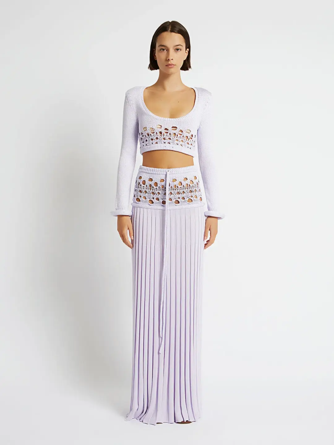 Christopher Esber Crochet Scoop Neck Long Sleeve Crop And Skirt Lilac Size 6 for rent on The Volte - main image