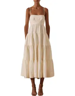 Shona Joy Blanca Linen Tiered Midi Dress Cream Size 10
