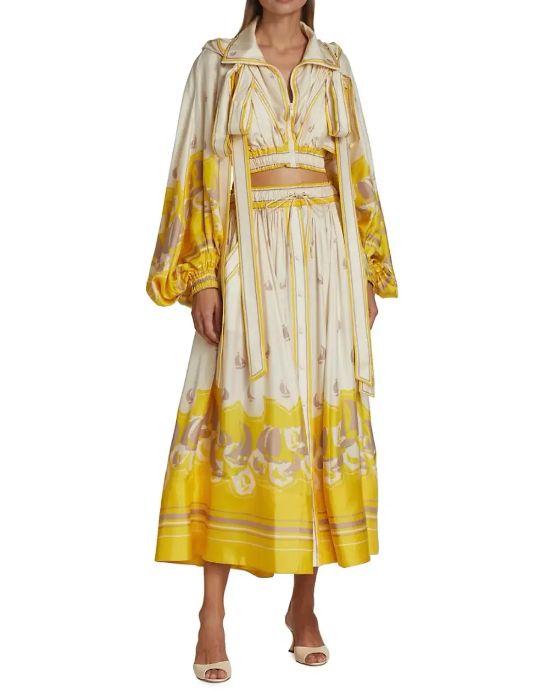 Zimmermann High Tide Cropped Jacket & Skirt Set Yellow Sailboats Size 0/Au 8 for rent on The Volte - main image