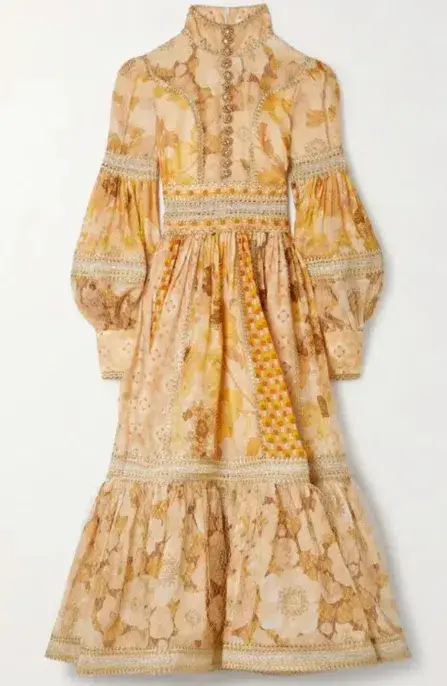 Zimmermann Tempo Spliced Trim Gown Gold Mixed Print Size 16 for rent on The Volte - main image
