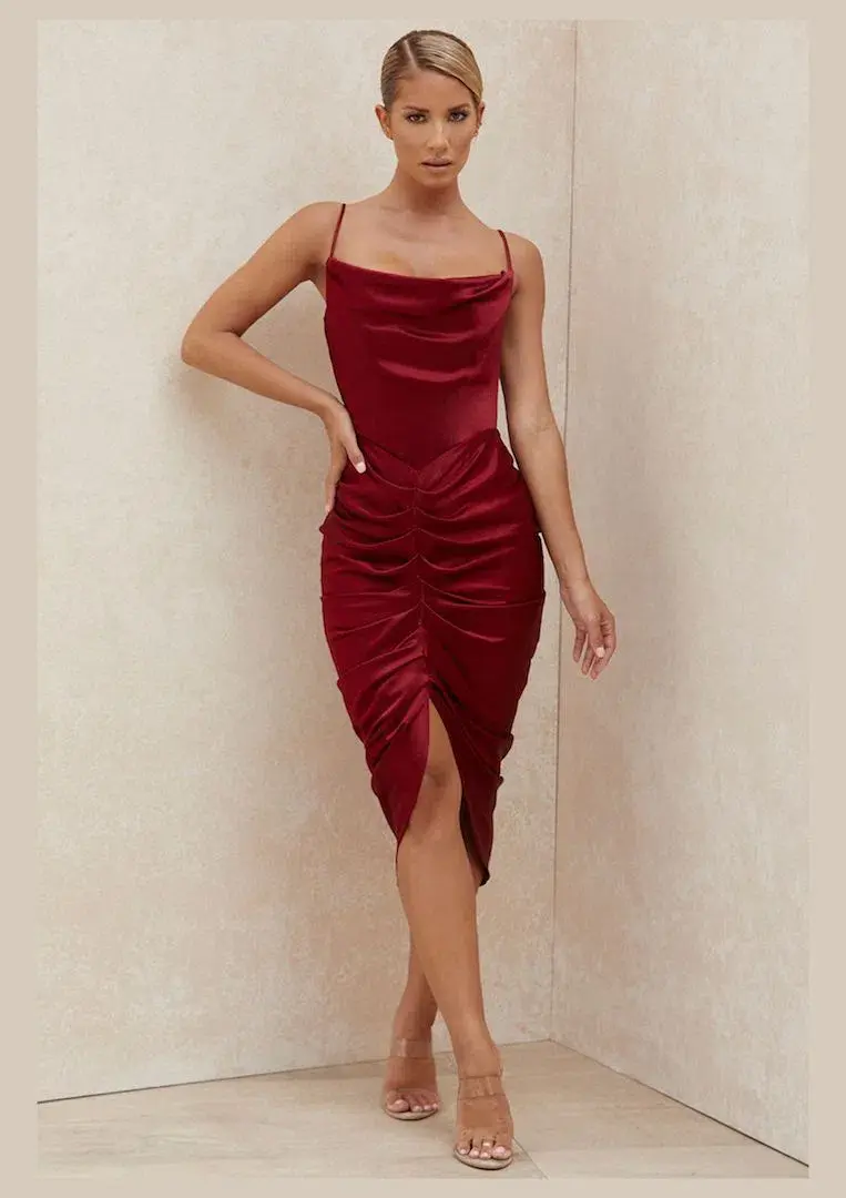 House of CB Nera Satin Draped Corset Dress Wine Size 6 for rent on The Volte - main image