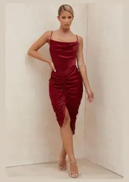 House of CB Nera Satin Draped Corset Dress Wine Size 6 for rent on The Volte - image 1