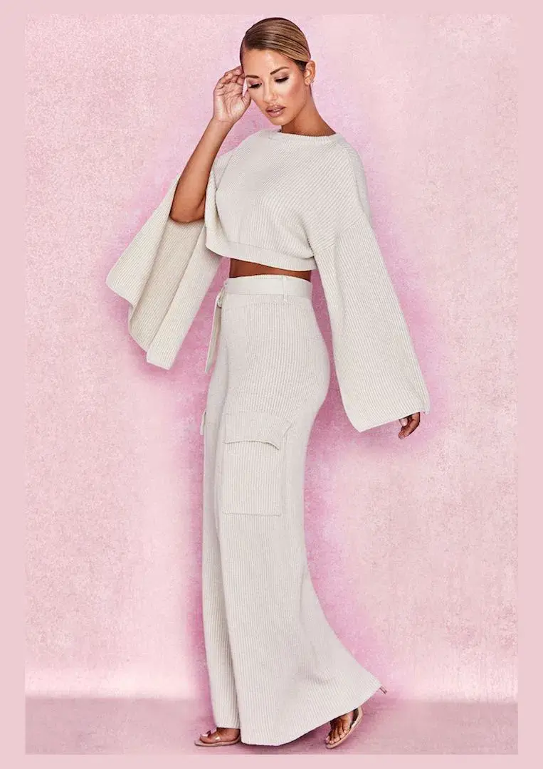 House of CB Zaria Ribbed Sweater and McKenzie Utility Trousers Set Oatmeal Size XS/S for rent on The Volte - main image