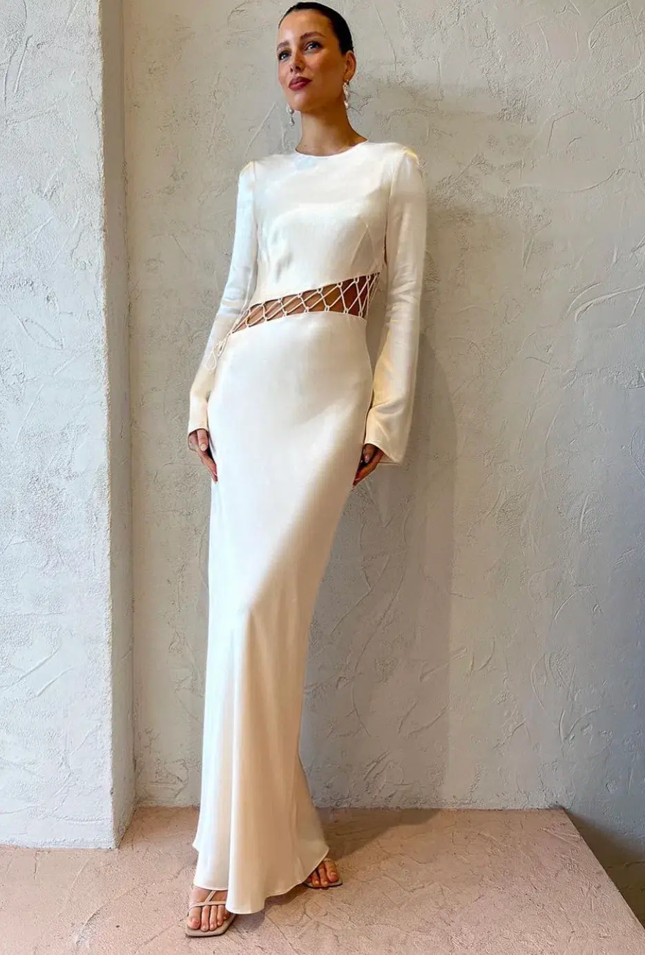 Shona Joy Arienzo Asymmetrical Lace Up Maxi Dress Cream Size 10 for rent on The Volte - main image