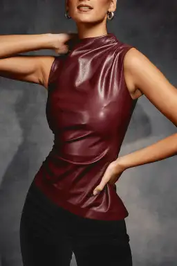 House of CB Allegra Wine Vegan Leather Asymmetric Top Red Size L / AU 12 for rent on The Volte - image 3