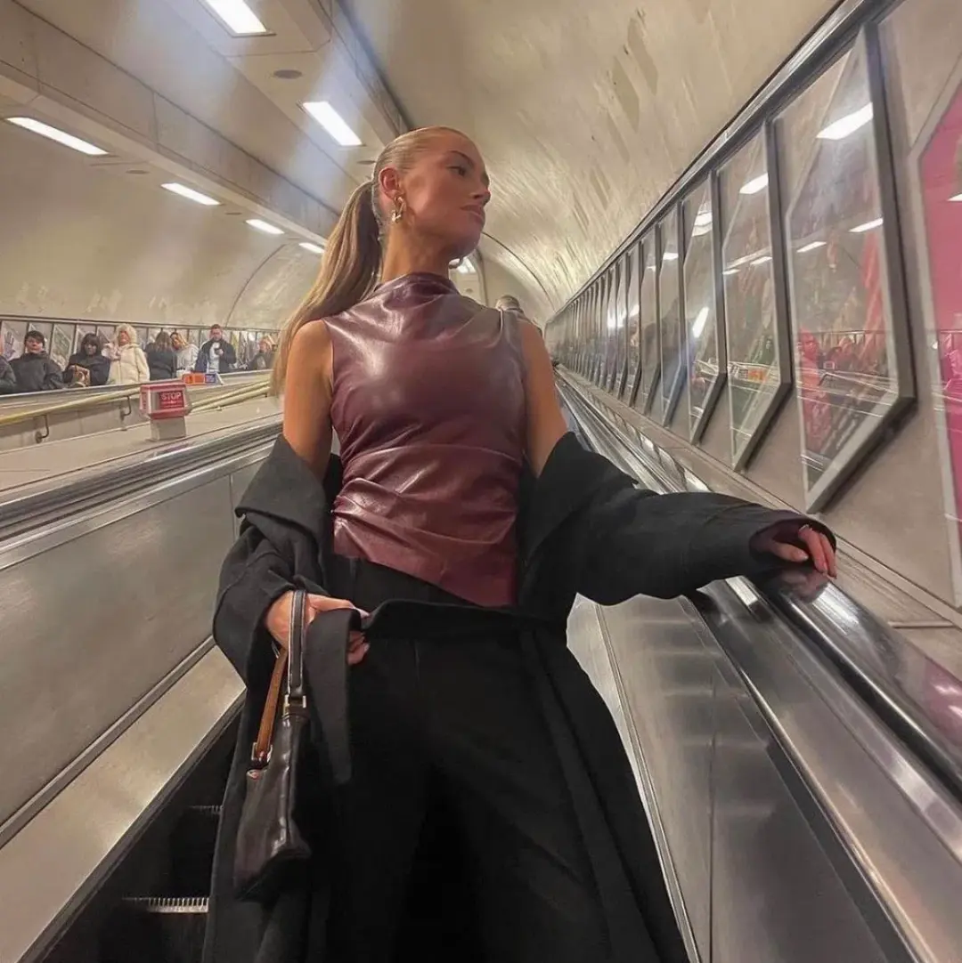 House of CB Allegra Wine Vegan Leather Asymmetric Top Red Size L / AU 12 for rent on The Volte - main image