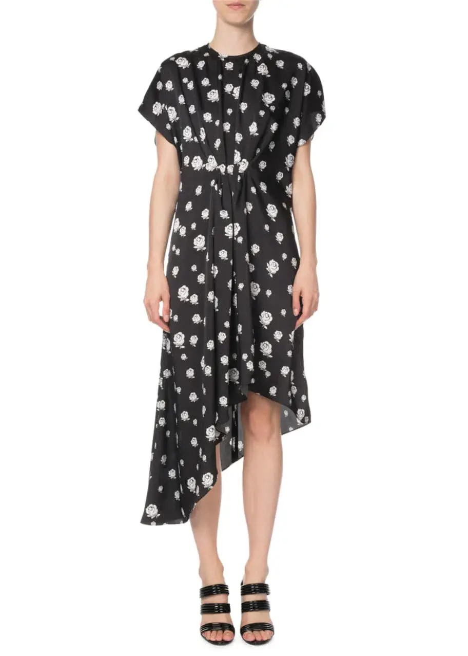 Kenzo Gathered Rose-Print Asymmetric Midi Dress Black/White Size 10 for rent on The Volte - main image