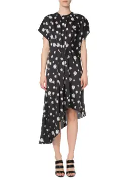 Kenzo Gathered Rose-Print Asymmetric Midi Dress Black/White Size 10 for rent on The Volte - image 1