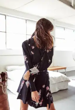 AJE Gabyon Long Sleeved Wrap Floral Print Mini Dress Kimono Black/Pink Size 6 for rent on The Volte - image 1