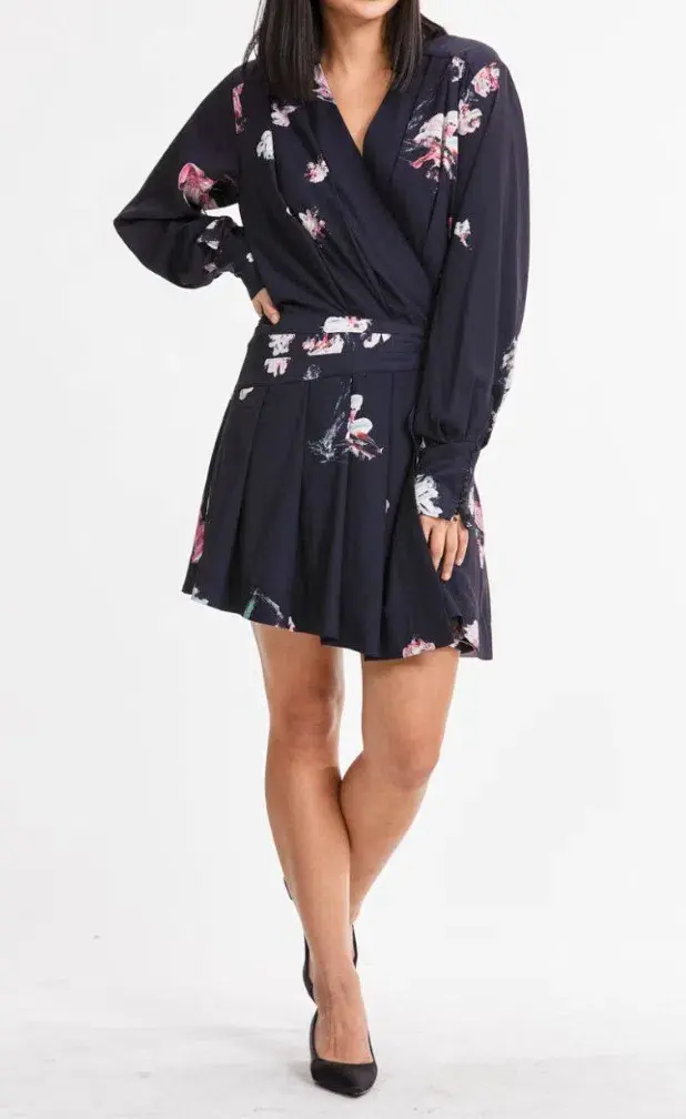 AJE Gabyon Long Sleeved Wrap Floral Print Mini Dress Kimono Black/Pink Size 6 for rent on The Volte - main image