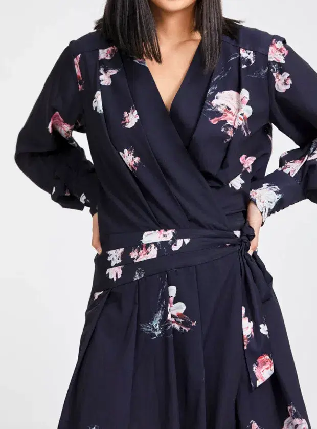 AJE Gabyon Long Sleeved Wrap Floral Print Mini Dress Kimono Black/Pink Size 6 for rent on The Volte - main image