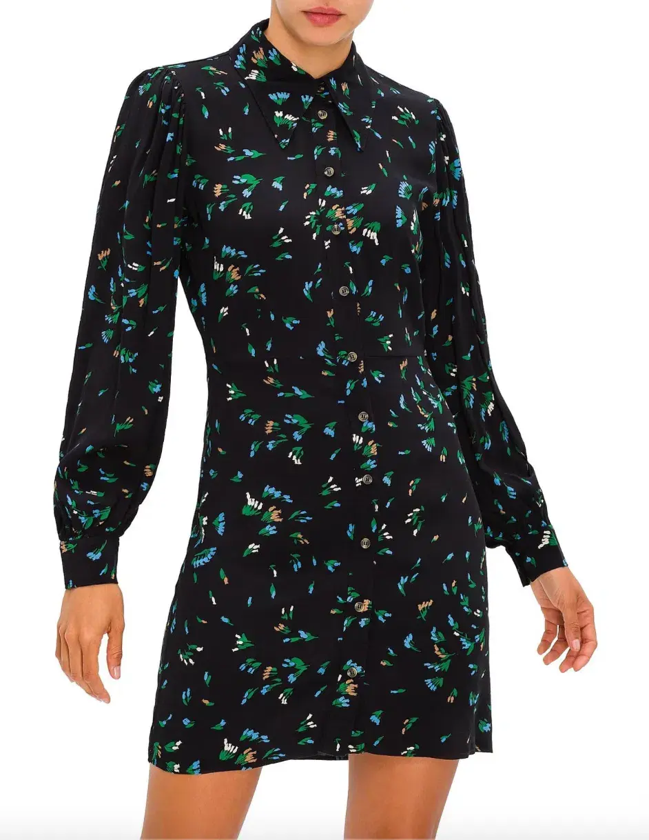 Ganni Printed Crepe Floral Shirt Mini Dress Black/Verdant Green Print Size 12 for rent on The Volte - main image