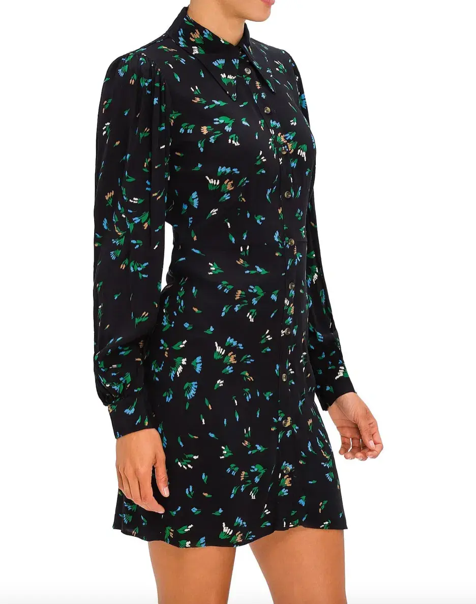 Ganni Printed Crepe Floral Shirt Mini Dress Black/Verdant Green Print Size 12 for rent on The Volte - main image