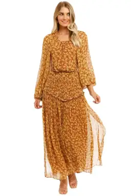Shona Joy Sunset Cut Out Midi Dress Tumeric Brown Multi Print Size AU 8