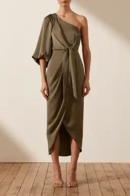 Shona Joy Luxe Tie Front One Shoulder Dress in Pine Green Size AU 8 / S