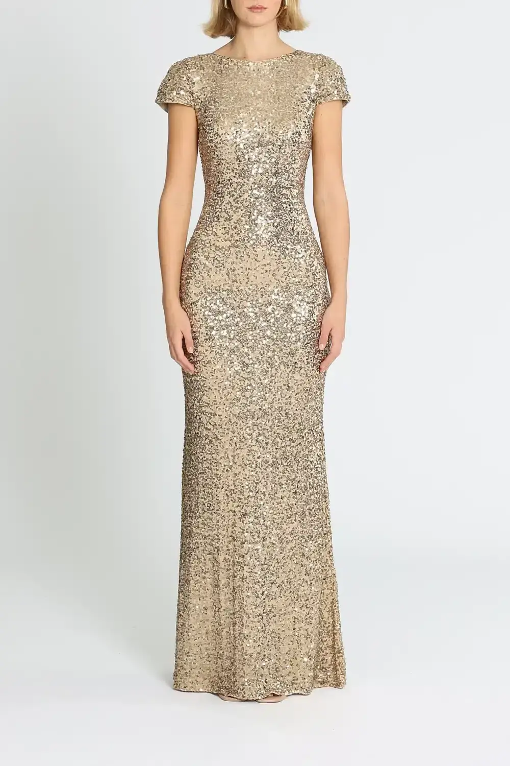 Badgley Mischka Sequin Cowl Back Gown Gold Size 12 for rent on The Volte - main image
