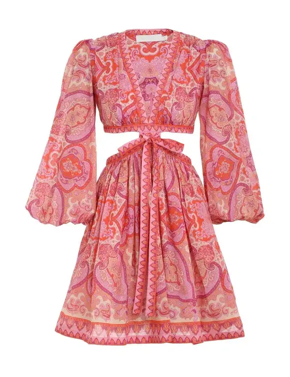 Zimmermann The Halcyon Tie Front Mini Dress in Pink/Purple Paisley Size 1/Au 10 - Image 2