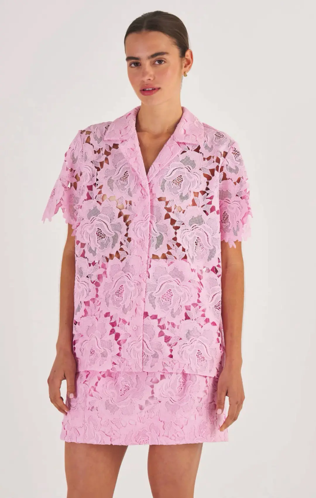 Oroton Lace Camp Shirt in Foxglove Pink in Size AU 8 for rent on The Volte - main image