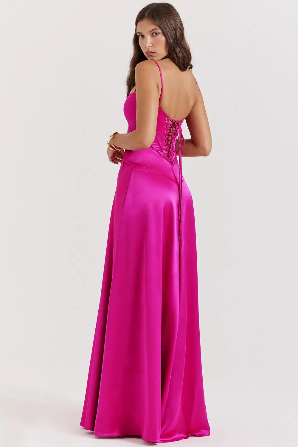 House of CB Anabella Seren Lace Up Corset Maxi Dress in Hot Pink Fuchsia Size M / Size AU 10 for rent on The Volte - main image