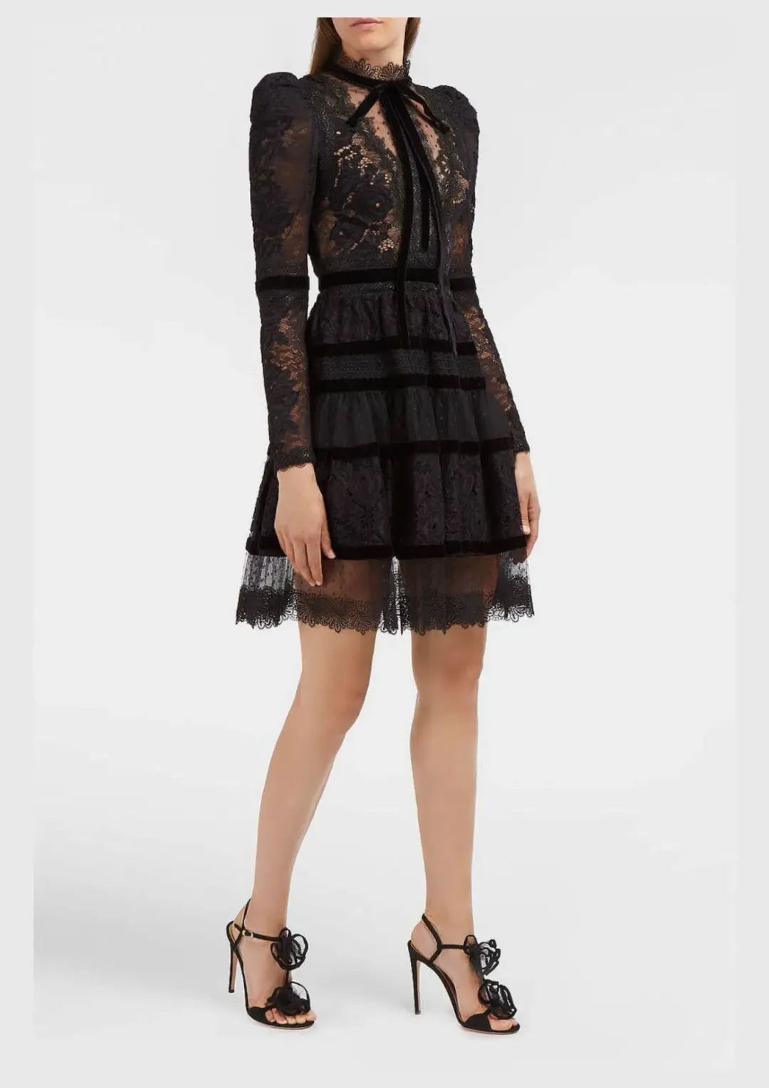 Elie Saab Velvet Trimmed Lace Mini Dress Black Size 6 for rent on The Volte - main image