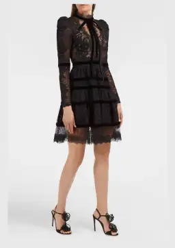 Elie Saab Velvet Trimmed Lace Mini Dress Black Size 6 for rent on The Volte - image 1