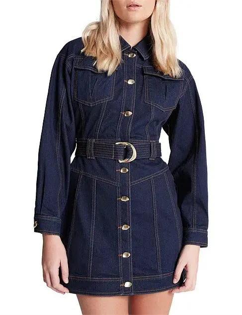 Aje Philia Belted Denim Mini Dress Blue Size 10 for rent on The Volte - main image