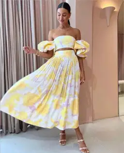 Leo Lin Simone Puff Top & Elina Skirt Set Jasmine Print in Sun Size 8 for rent on The Volte - image 1