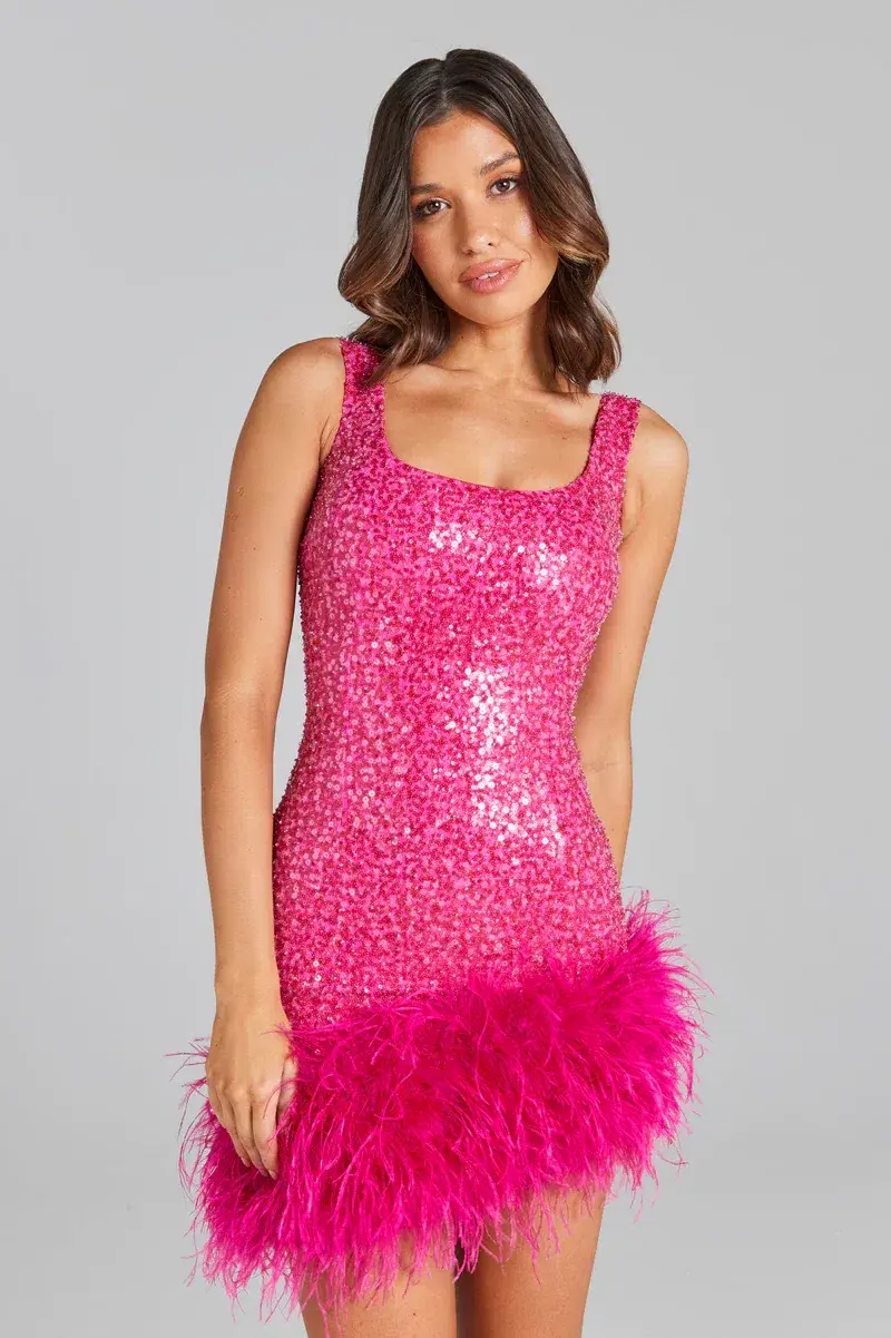 Nadine Merabi Evie Mini Dress Hot Pink Sequin Beadwork Size AU 8 for rent on The Volte - main image