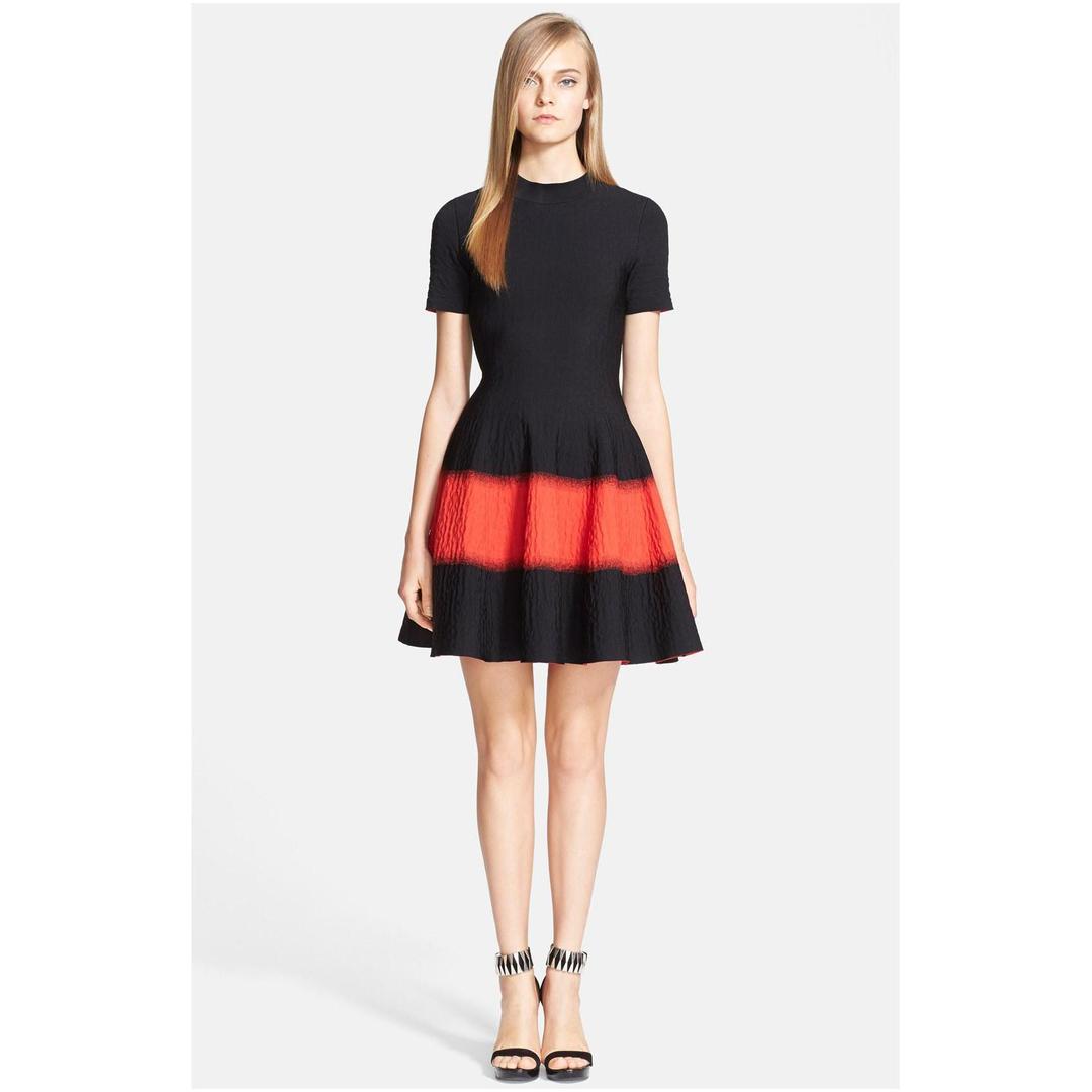 Alexander McQueen Red and Black Textured Fit & Flare Dress size 8 for rent on The Volte - main image