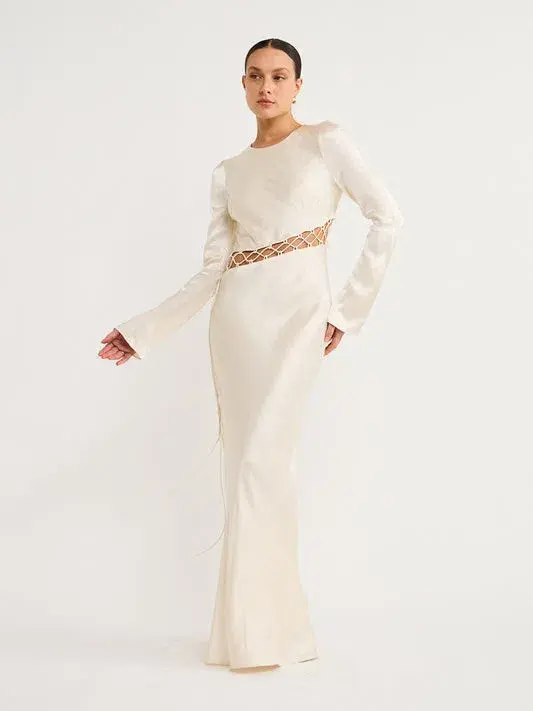 Shona Joy Arienzo Asymmetrical Lace Up Maxi Dress In Cream Size 6  - Image 5