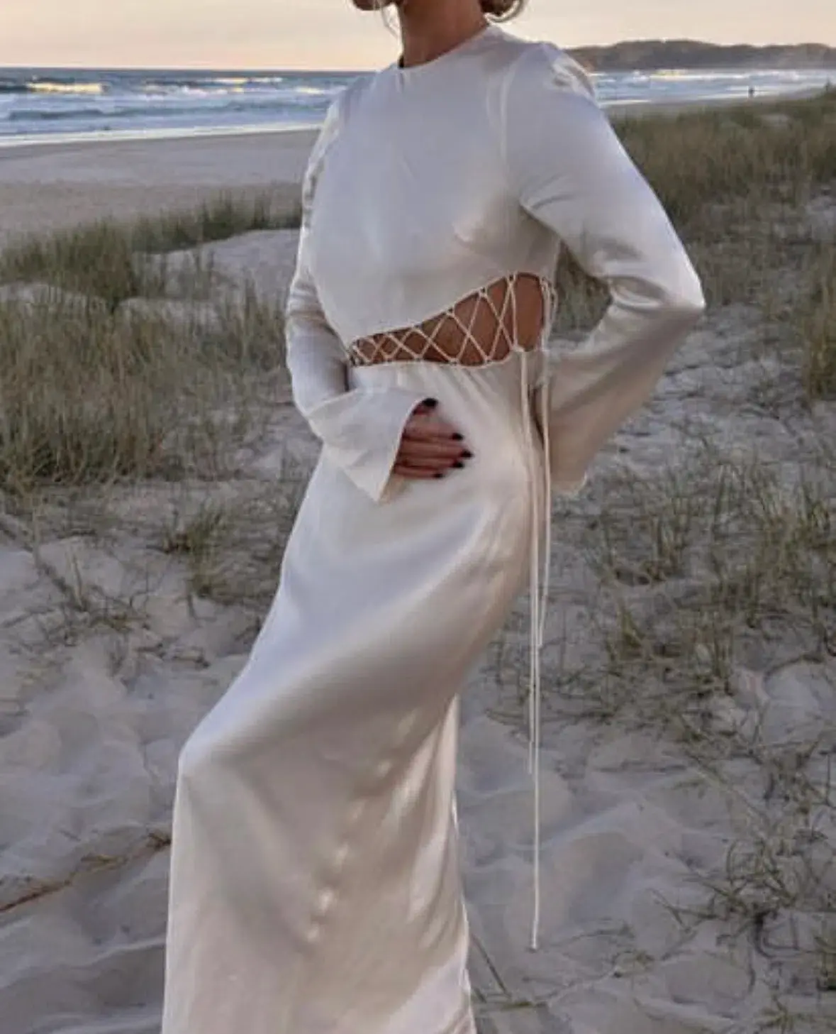 Shona Joy Arienzo Asymmetrical Lace Up Maxi Dress In Cream Size 6  - Image 8