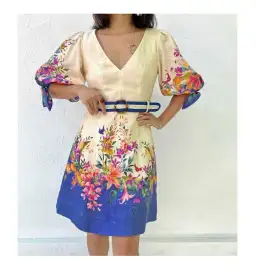 Zimmermann Tropicana Tie Sleeve Mini Dress Blue Floral Size 1 / AU 10