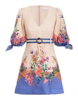 Zimmermann Tropicana Tie Sleeve Mini Dress Blue Floral Size 1 / AU 10
