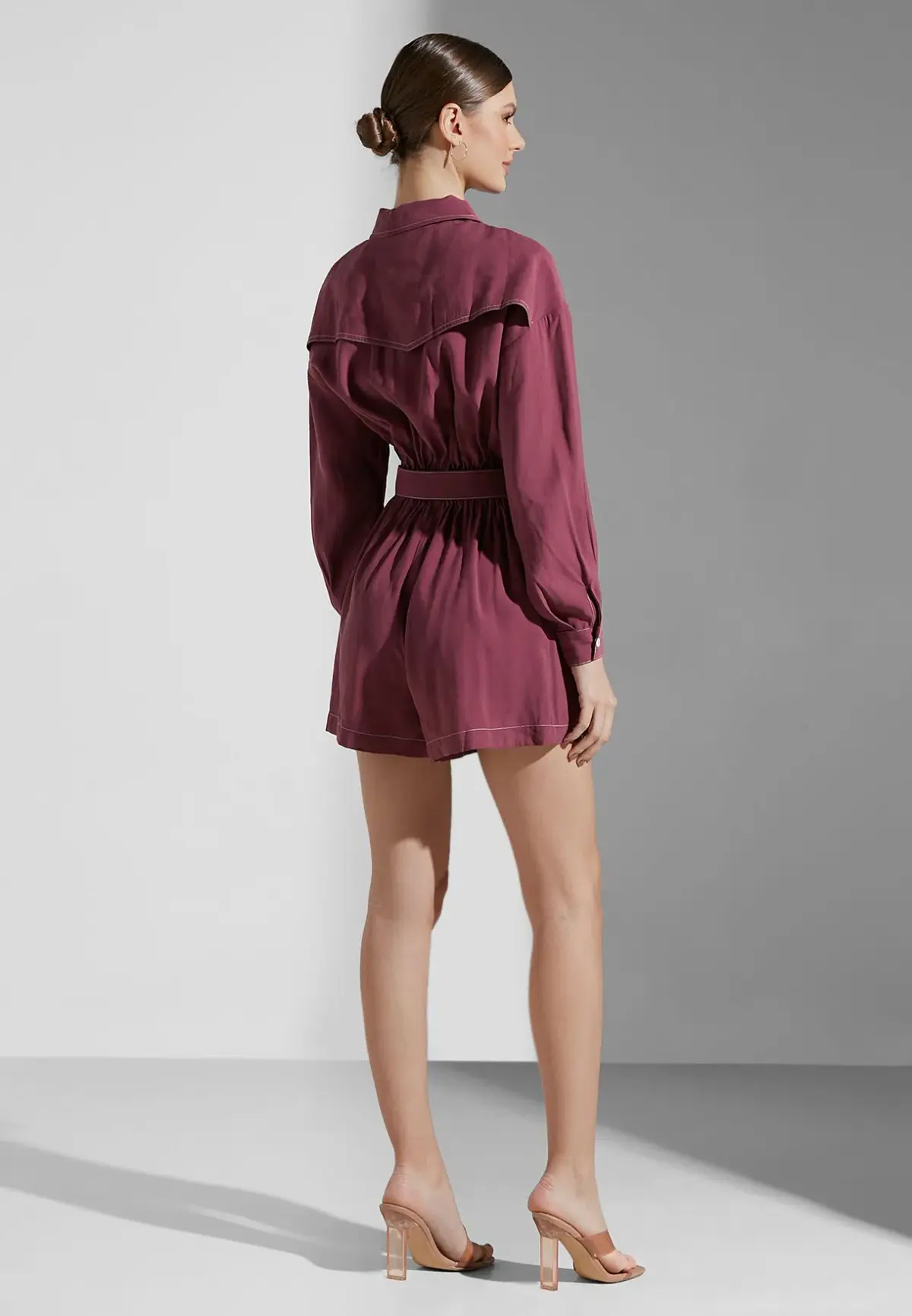 Elliatt Epiphany Belted Button Down Playsuit Burgundy Size 8 - Image 2