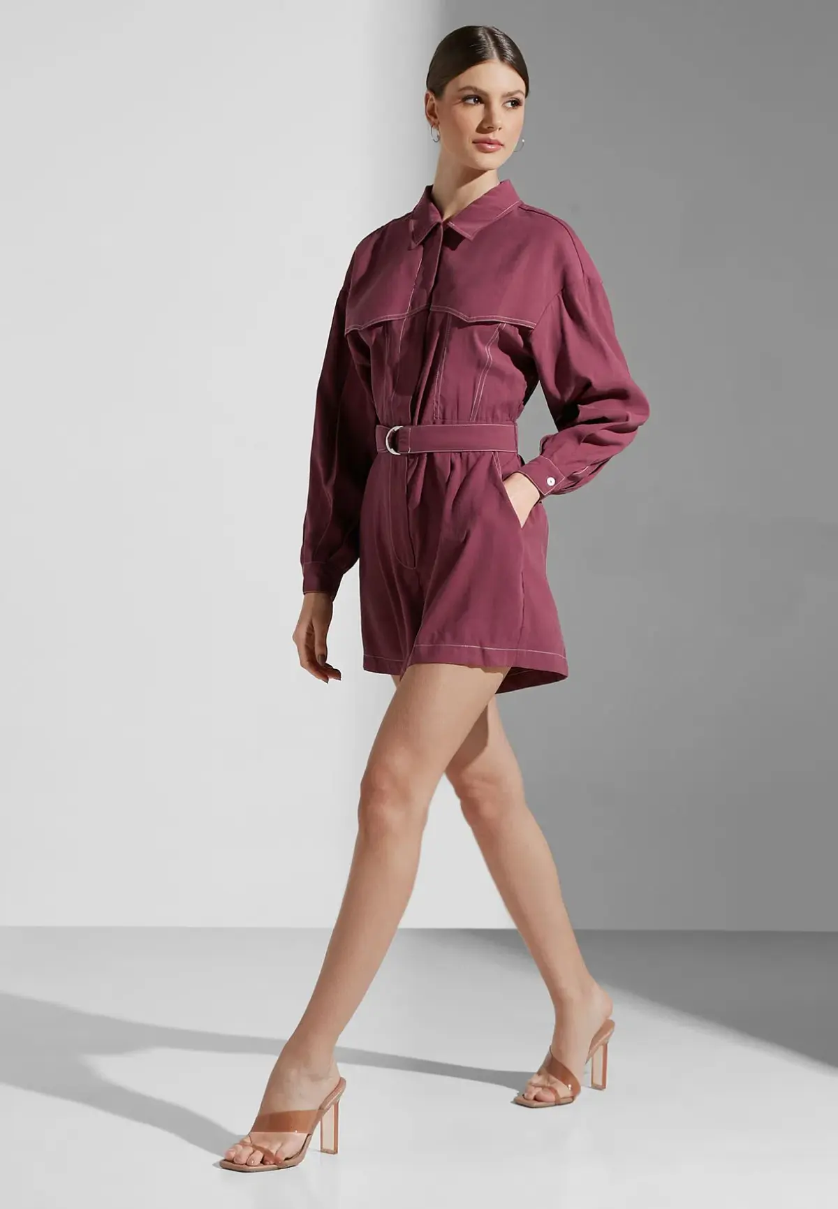 Elliatt Epiphany Belted Button Down Playsuit Burgundy Size 8 - Image 1