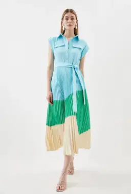 Karen Millen Colour Block Pleated Woven Midi Shirt Dress Multi Size 8 for rent on The Volte - image 1